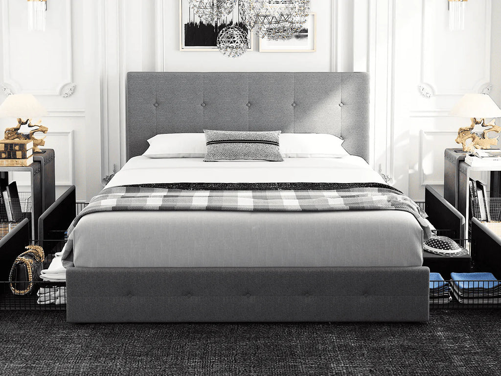 Queen Size Storage Bed Frame with 4 Drawers, Tufted Adjustable Headboard, Dark Grey T5448