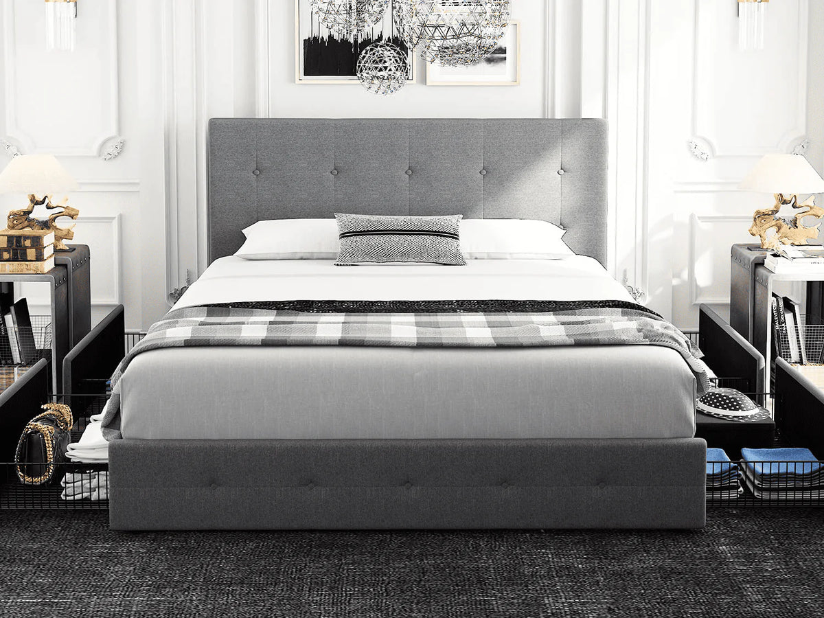 Queen Size Storage Bed Frame with 4 Drawers, Tufted Adjustable Headboard, Dark Grey T5448