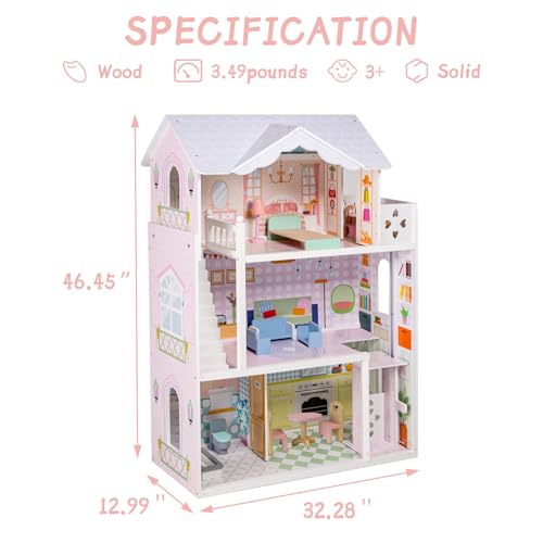 Large Wooden 3 Stories 6 Rooms Dollhouse with Elevator & Balcony Z2058