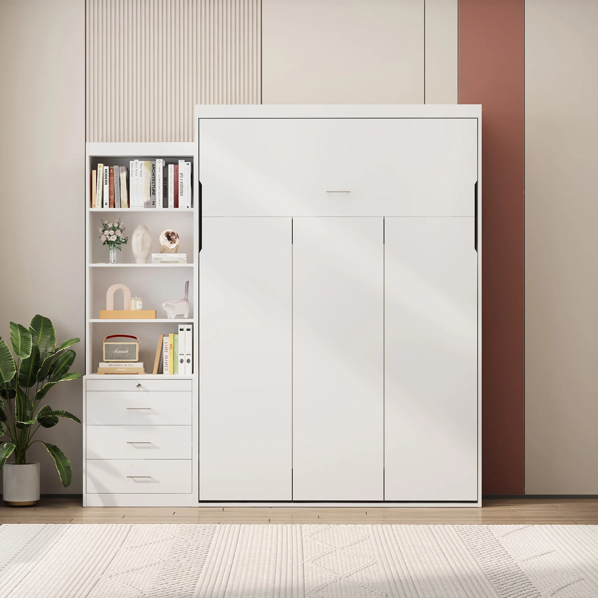 Full Size Vertical Murphy Bed with Shelf and Drawers White I343028