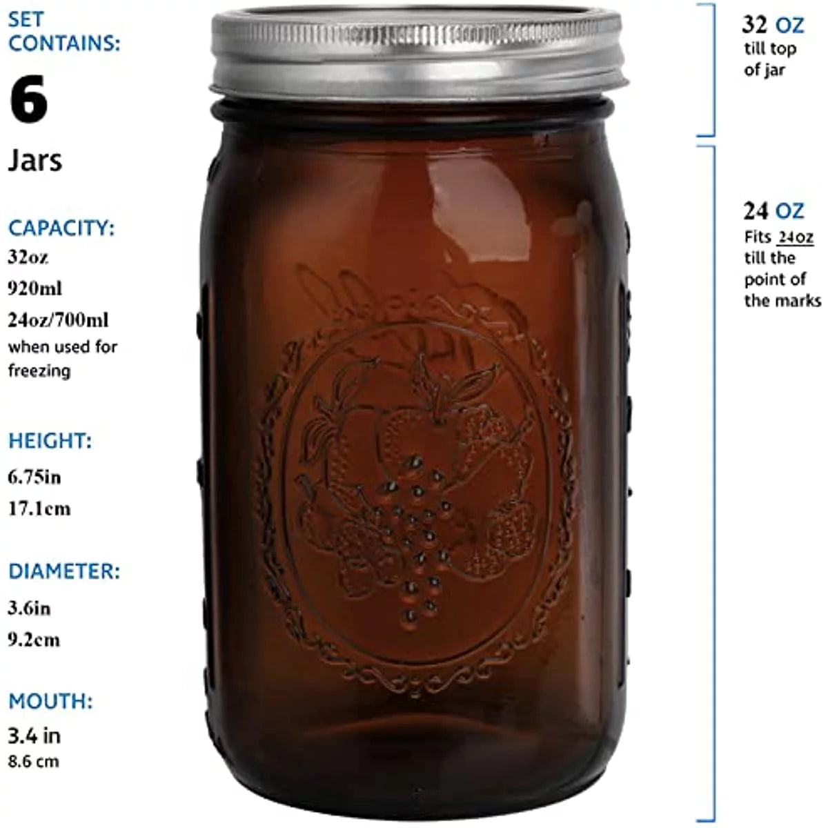 4 Pack 32Oz Amber Wide Mouth Glass Mason Jars with Airtight Lids and Bands Z78389
