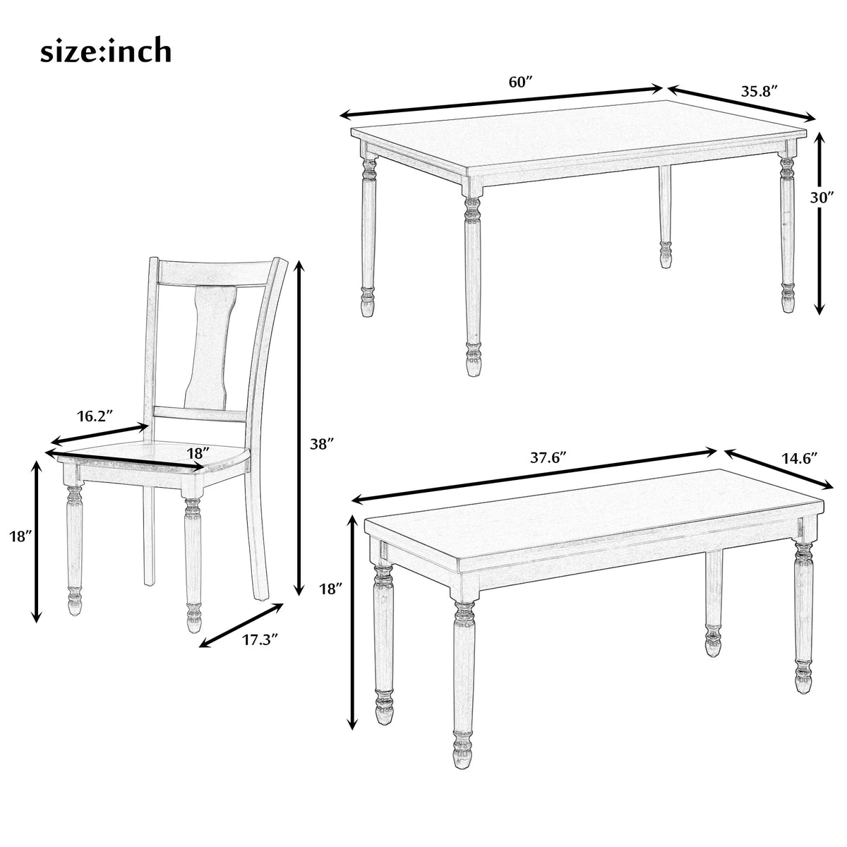 6-Piece Wooden Dining Set with 4 Upholstered Chairs & Bench R466598