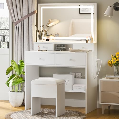 White Vanity Desk with Lighted Mirror and Charging Station T51965