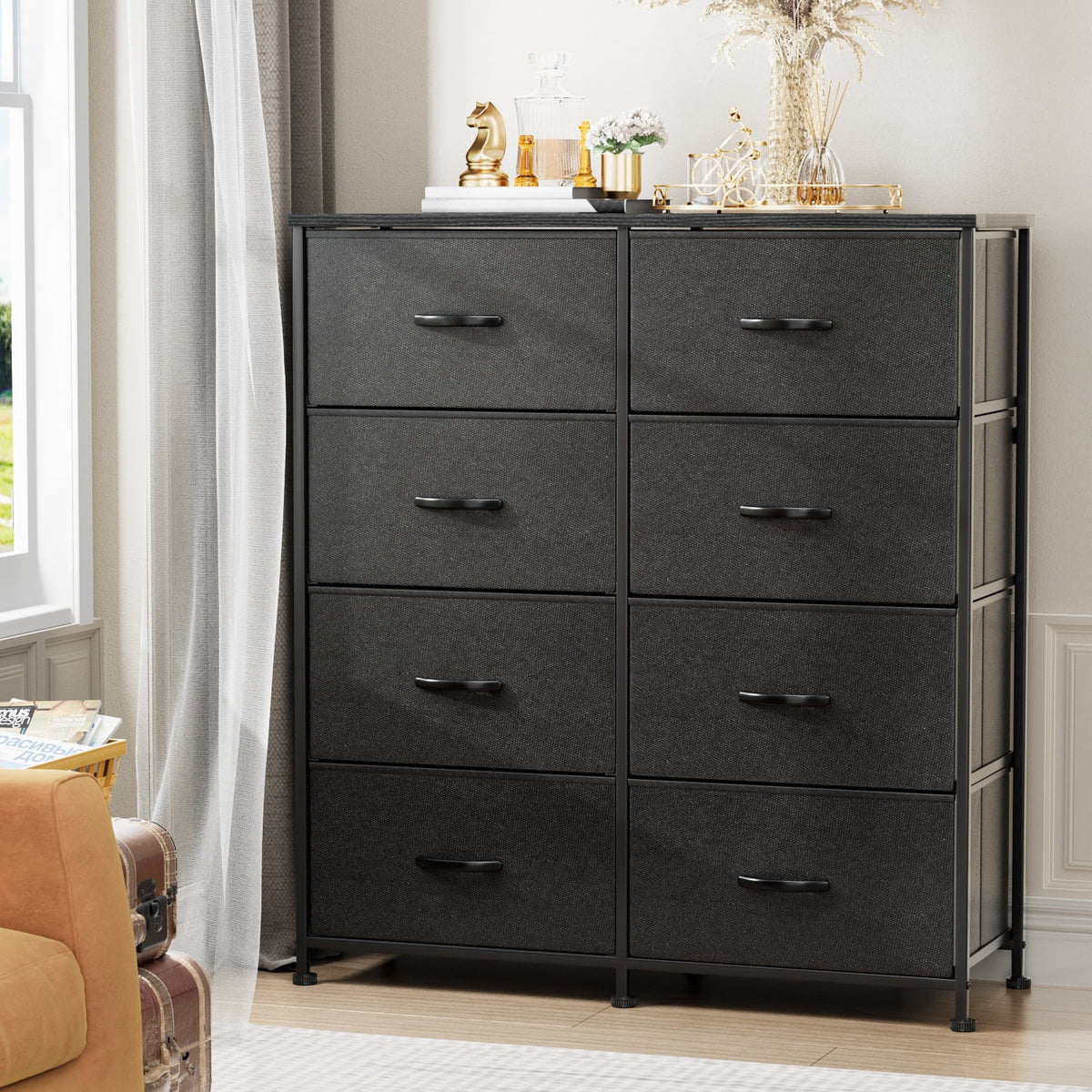 5 Drawer Fabric Dresser with Wood Top T631916