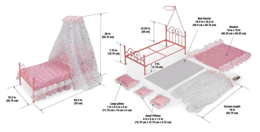Pink Metal Doll Bed with Canopy and Bedding I198427