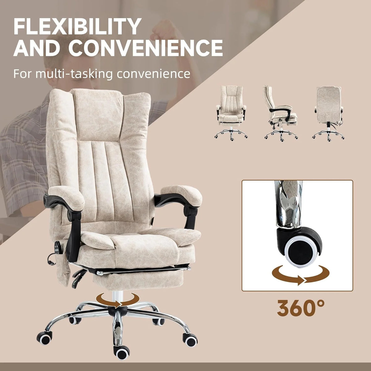 Cream White Microfiber High Back Office Chair with Massage and Footrest Q272