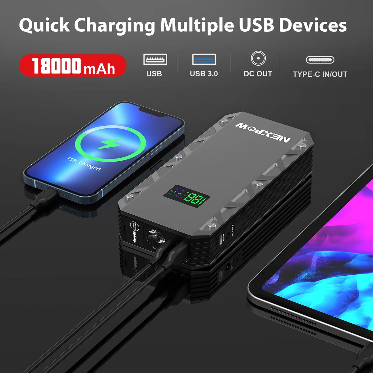 2000A Peak 12V Portable Car Jump Starter with USB Quick Charge 3.0 K5444