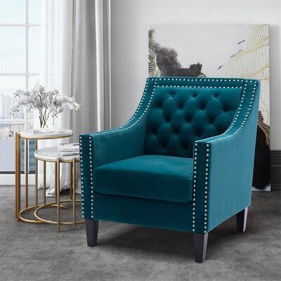 Teal Linen Blend Accent Armchair with Solid Wood Legs G64520