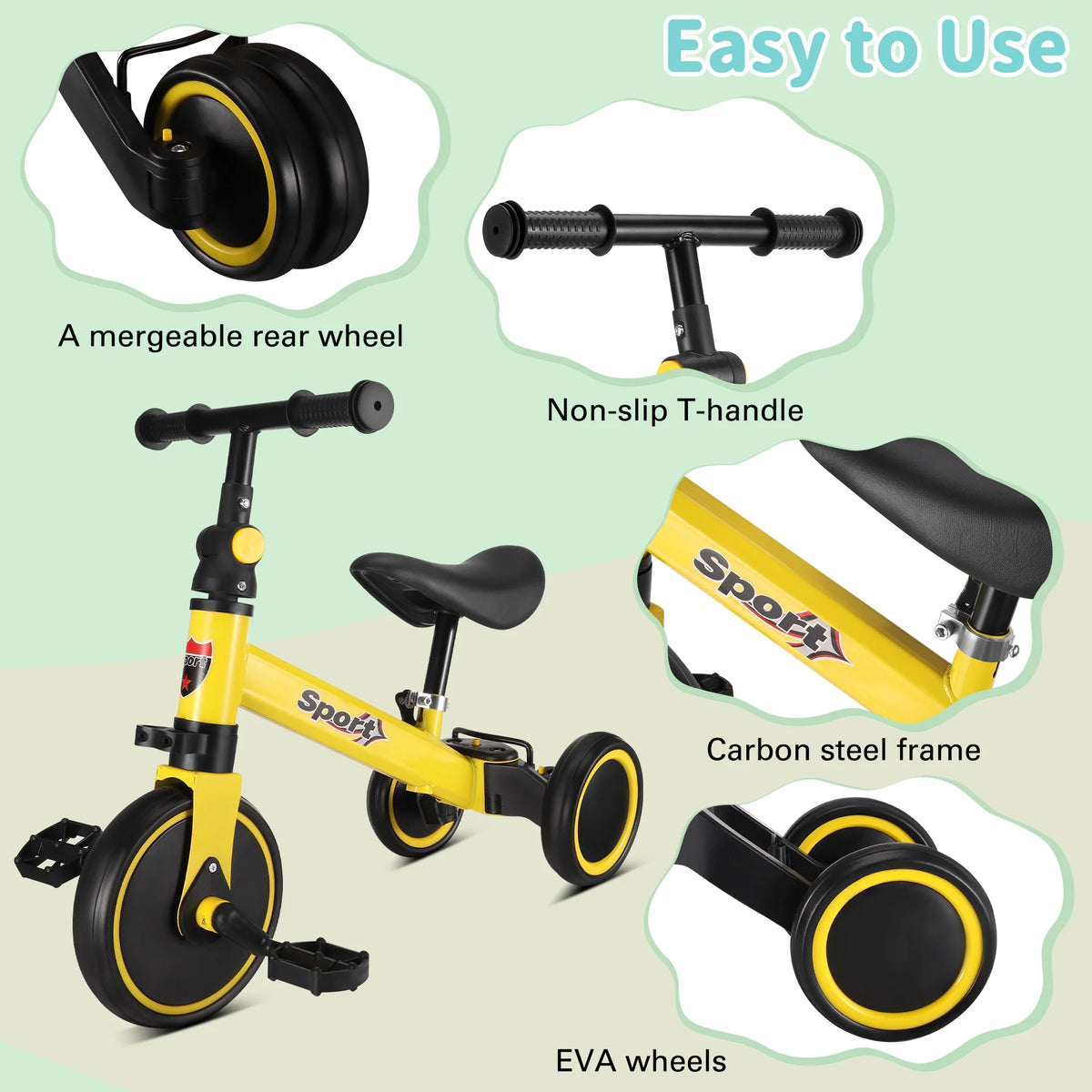 6 in 1 Kids Tricycle with Adjustable Seat and Removable Pedal Z8176