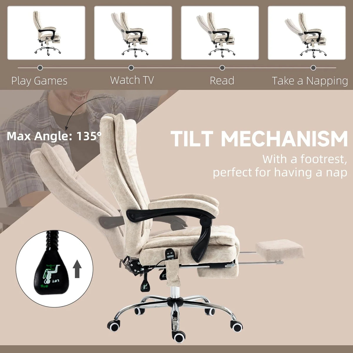 Cream White Microfiber High Back Office Chair with Massage and Footrest Q272
