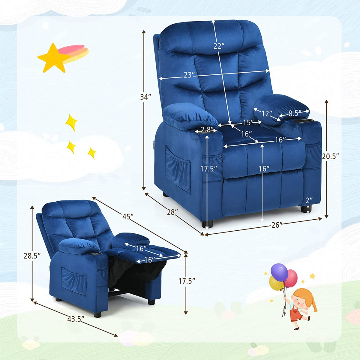 Blue Toddler Recliner Chair with Cup Holder F795193