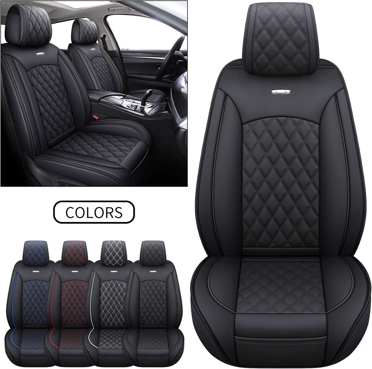 Black-White Waterproof Leather Car Front Seat Covers (2 PCS Front) D443170