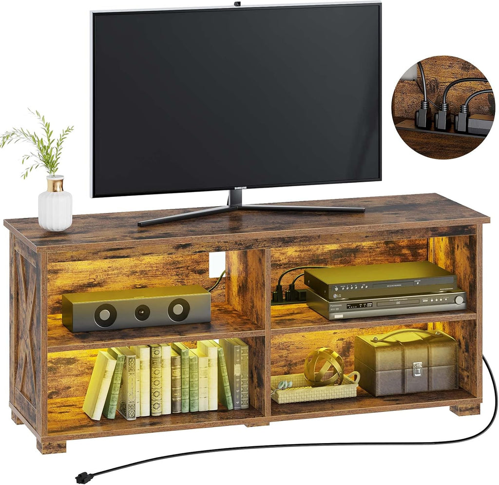 Walnut TV Stand with Power Outlet and LED Lights A7712