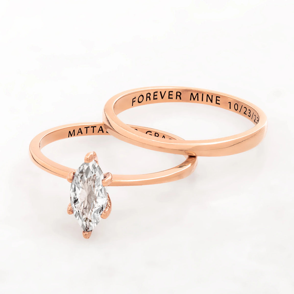 14K Rose Gold over Sterling Silver Marquise White Topaz 2-Piece Wedding Ring Set W397