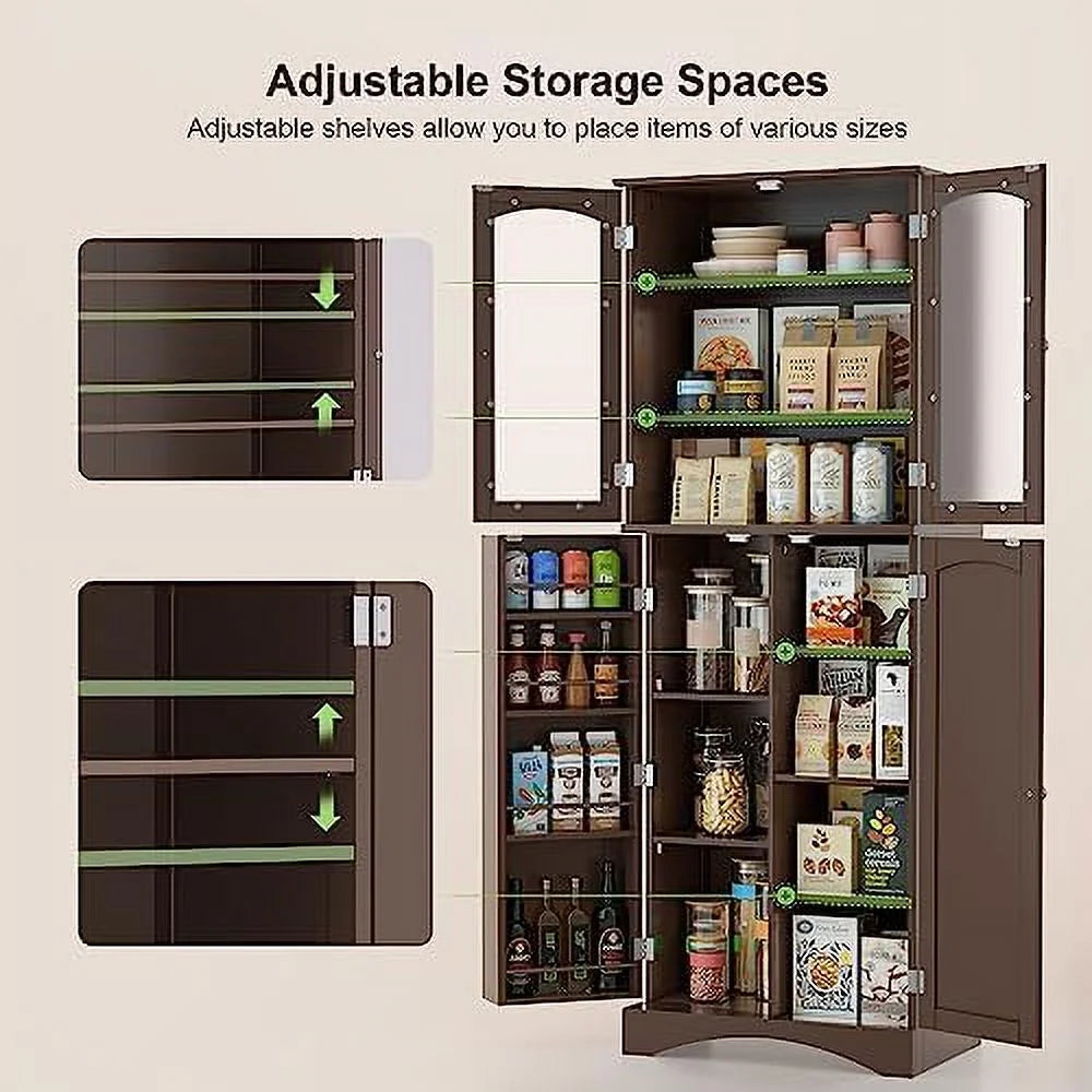 64" Kitchen Pantry Cabinet with Glass Doors and Adjustable Shelves W7576