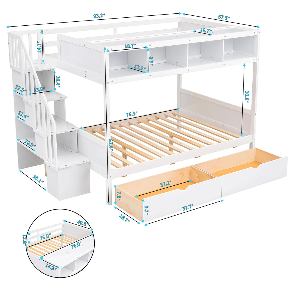 Solid Wood Twin Over Full Bunk Bed with Two Drawers and Staircase, White X6421