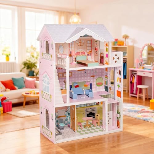 Large Wooden 3 Stories 6 Rooms Dollhouse with Elevator & Balcony Z2058