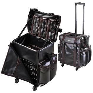 Black Soft-Sided Rolling Makeup Case PU Cosmetic Train Bag Q6539