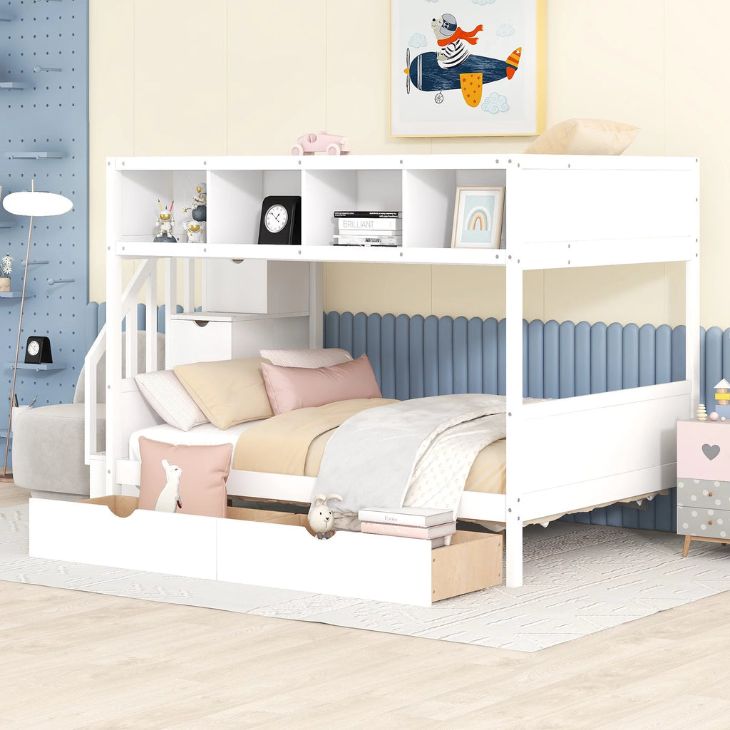 Solid Wood Twin Over Full Bunk Bed with Two Drawers and Staircase, White X6421