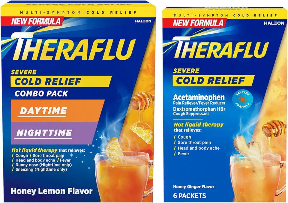 Severe Cold Relief Hot Liquid Powder Daytime Nighttime Honey Lemon Honey Ginger I5513