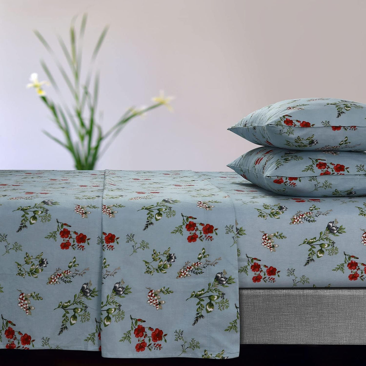 Queen Light Blue Flannel Extra Deep Pocket Sheet Set H766012