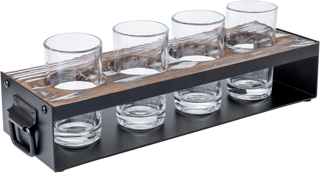 Beer Flight Board with Glasses Serving Caddy in Matte Black Metal and Torched Wood with 4 Beer Tasting Glass, Set of 2 F6570