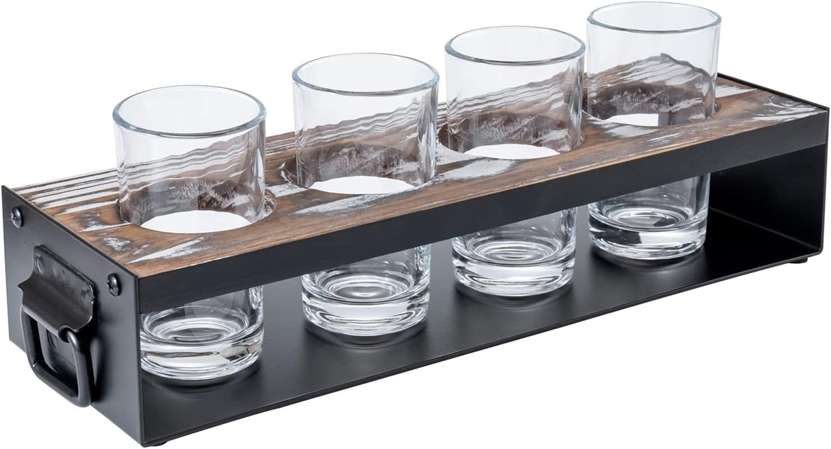 Beer Flight Board with Glasses Serving Caddy in Matte Black Metal and Torched Wood with 4 Beer Tasting Glass, Set of 2 F6570