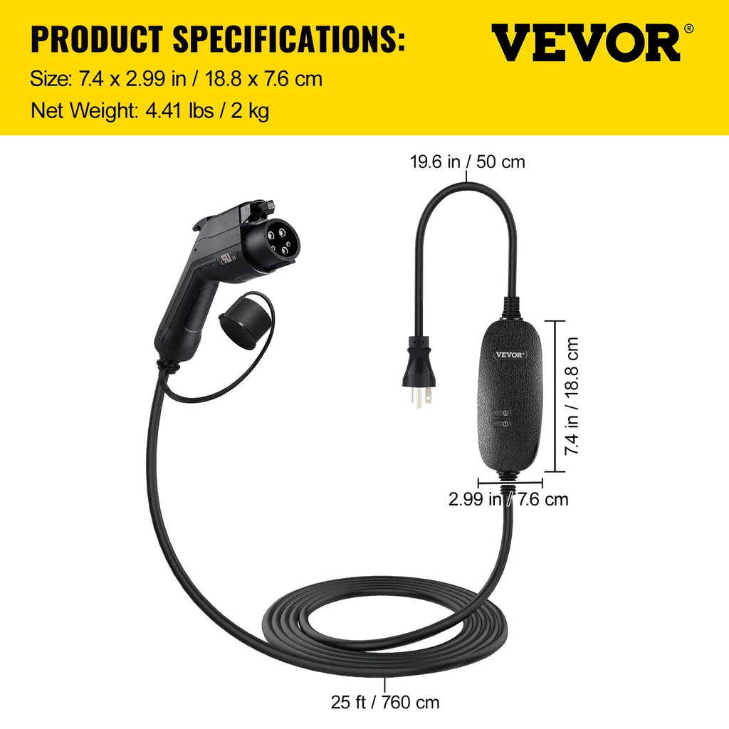 16 Amp 110V-240V Portable Electric Vehicle Charger with 25 ft Charging Cable U305960