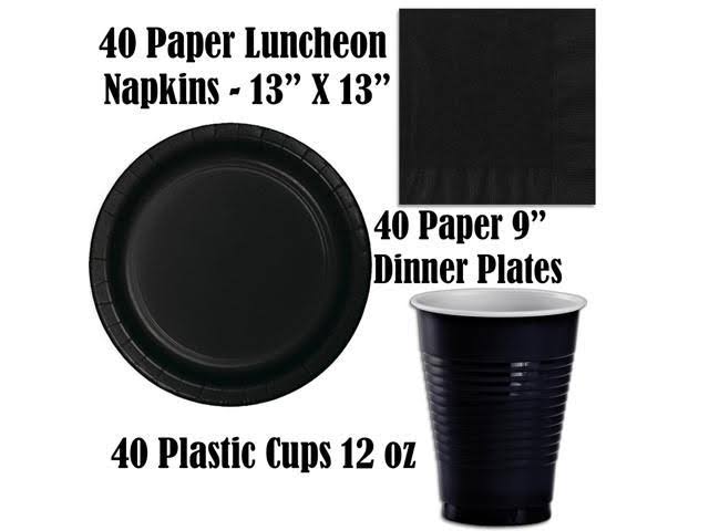 Black and Red Disposable Party Supplies, Serves 40, Paper Plates, 12 oz Plastic Cups J6512