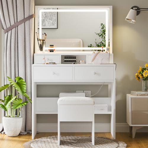 White Vanity Desk with Lighted Mirror and Charging Station T51965