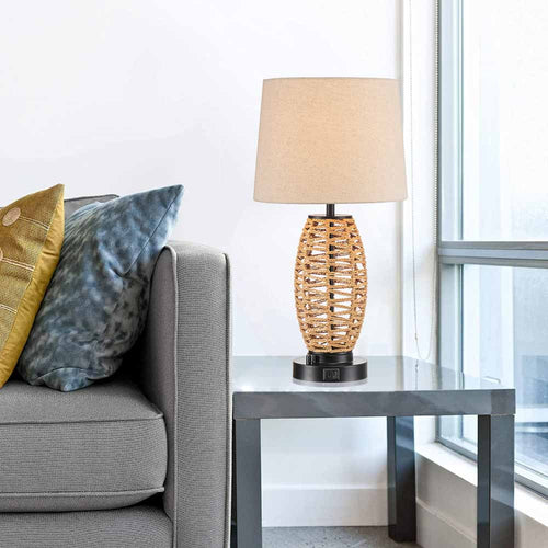 0-100% Dimmable Coastal Rattan Table Lamp with 2 USB Ports D7345
