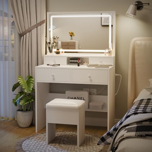 White Vanity Desk with Lighted Mirror and Charging Station T51965