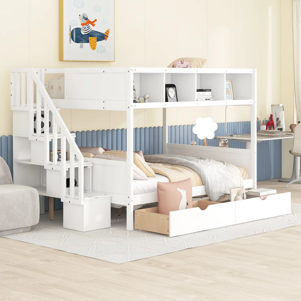 Solid Wood Twin Over Full Bunk Bed with Two Drawers and Staircase, White X6421