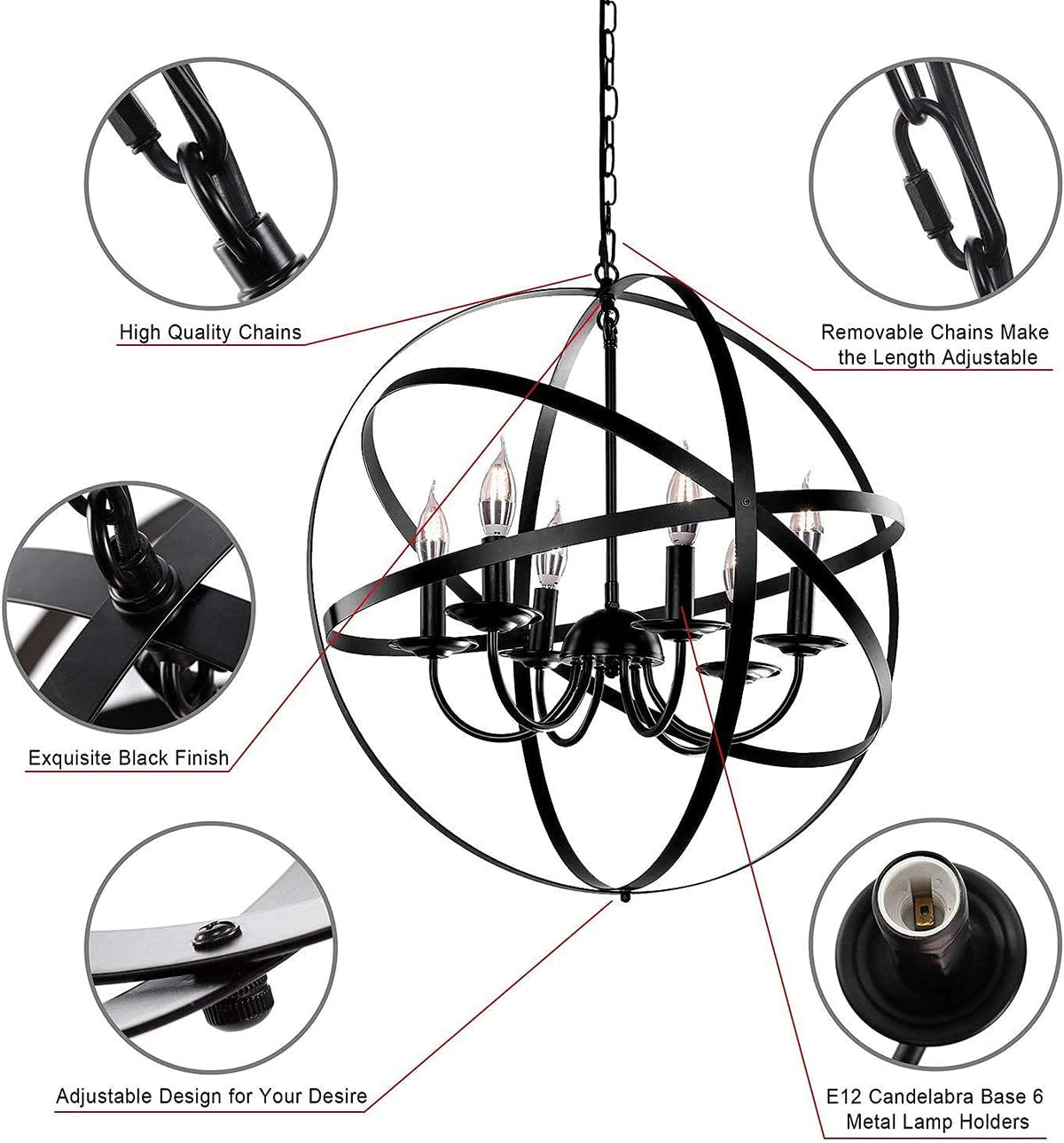 Black 6-Light Farmhouse Chandelier with Spherical Shade Q22738