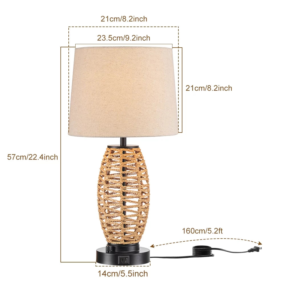 0-100% Dimmable Coastal Rattan Table Lamp with 2 USB Ports D7345
