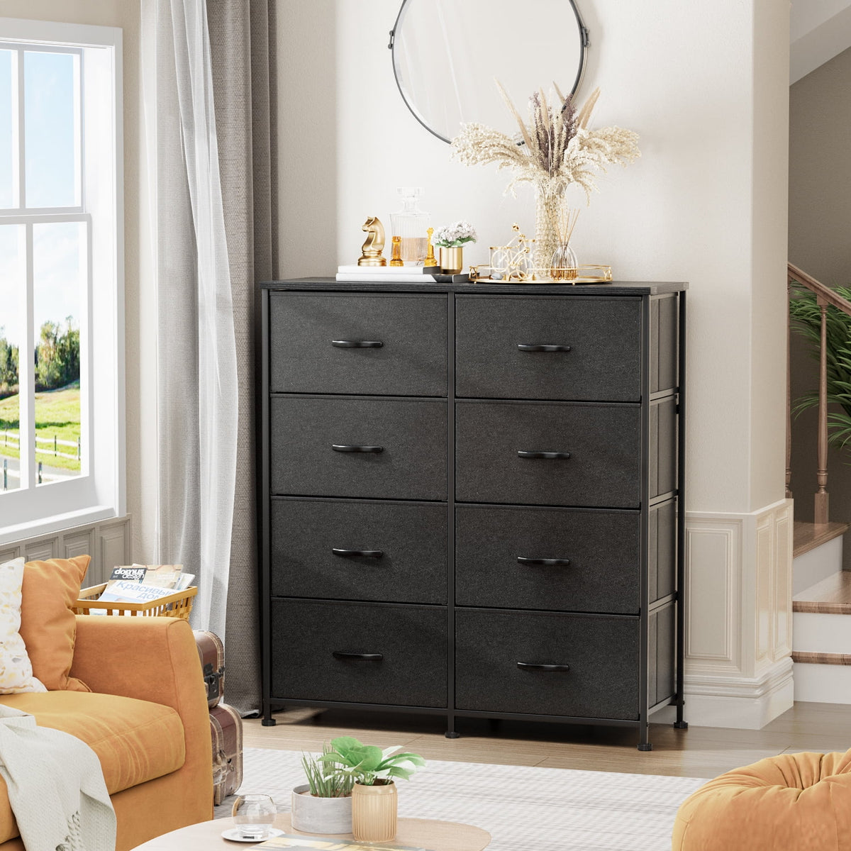 5 Drawer Fabric Dresser with Wood Top T631916