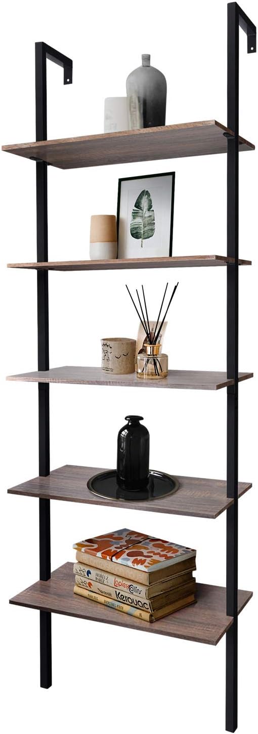 5-Shelf Modern Bookcase Wall Mount 72 Ladder Bookshelf Metal Frame Open Shelves E550