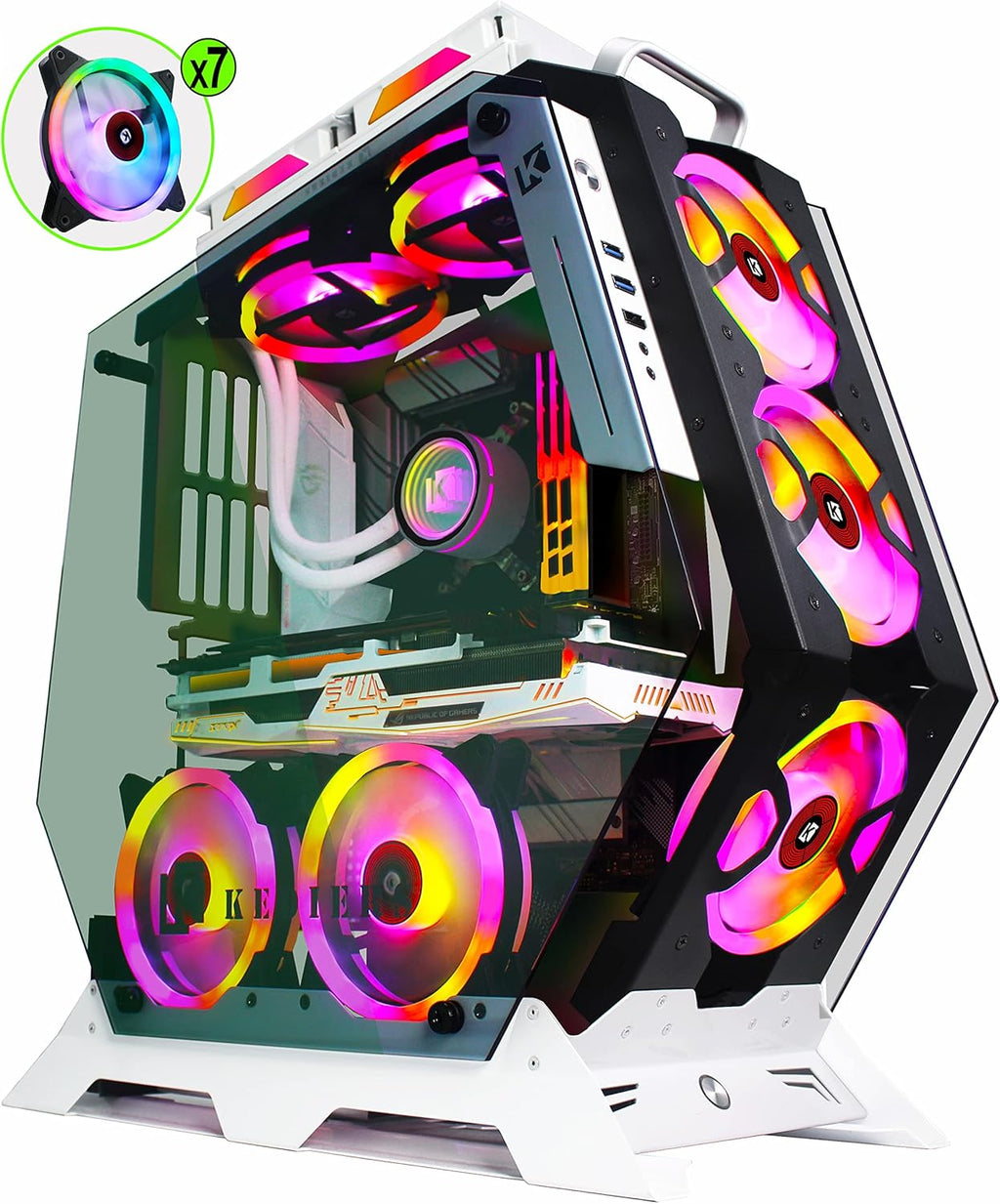 ATX Tower Tempered Glass Gaming PC Case with 7 RGB Fans H91807