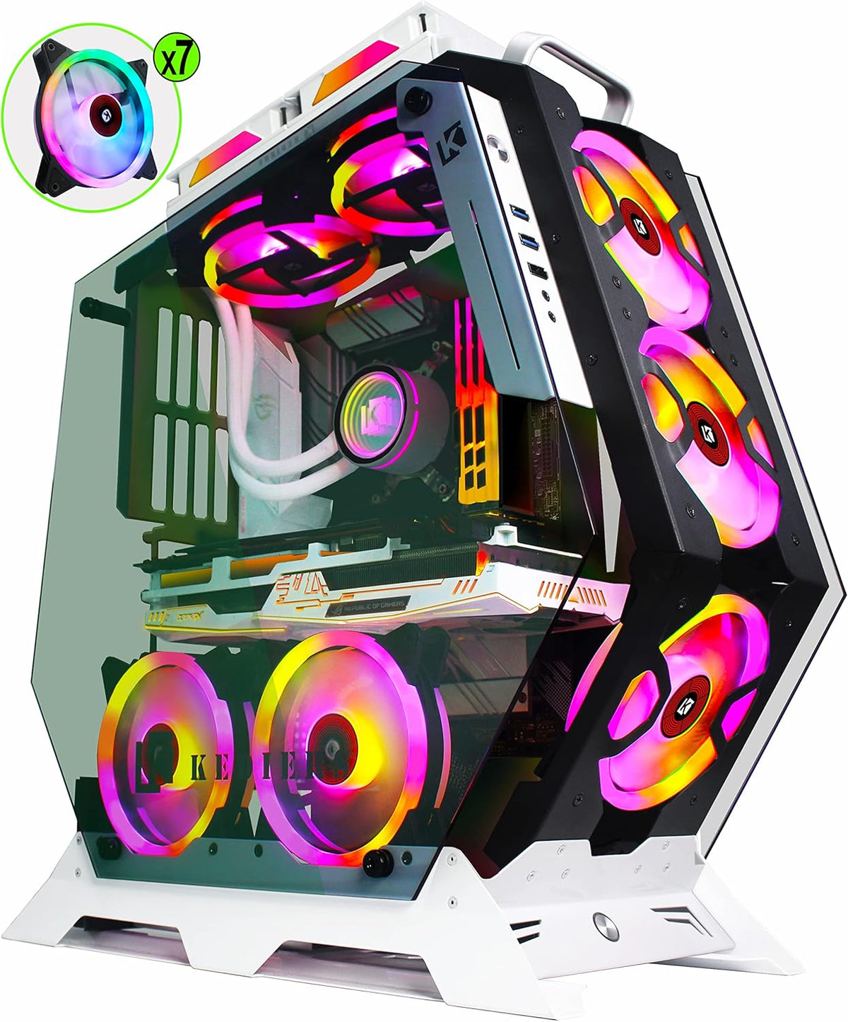 ATX Tower Tempered Glass Gaming PC Case with 7 RGB Fans H91807