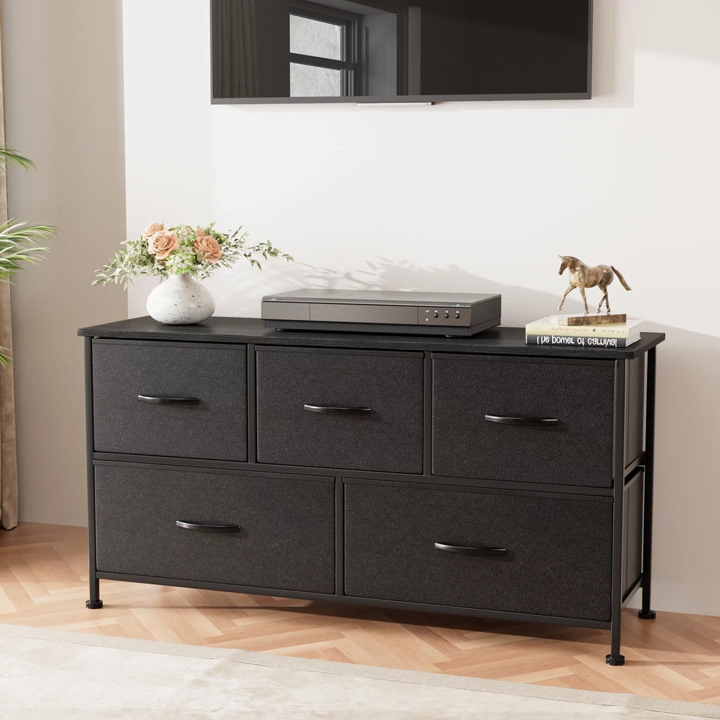5 Drawer Fabric Dresser with Wood Top T631916