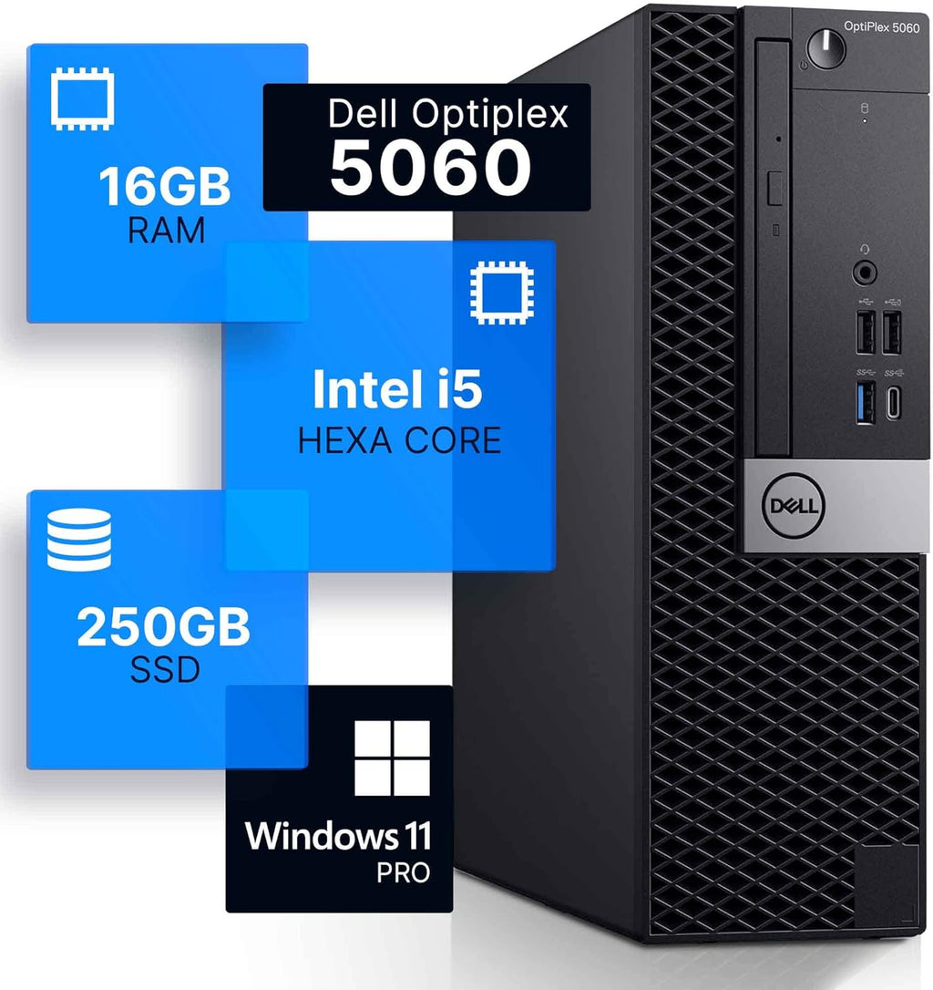 Dell Optiplex 5060 Desktop Computer Hexa Core Intel i5 16GB DDR4 RAM 250GB SSD Windows 11 Professional Black Z488