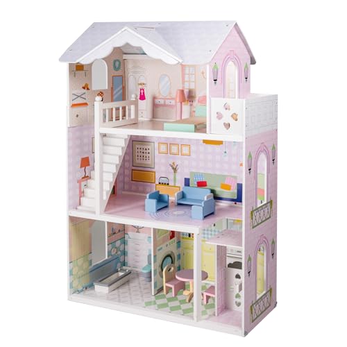 Large Wooden 3 Stories 6 Rooms Dollhouse with Elevator & Balcony Z2058