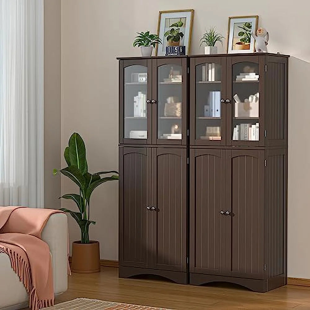 64" Kitchen Pantry Cabinet with Glass Doors and Adjustable Shelves W7576