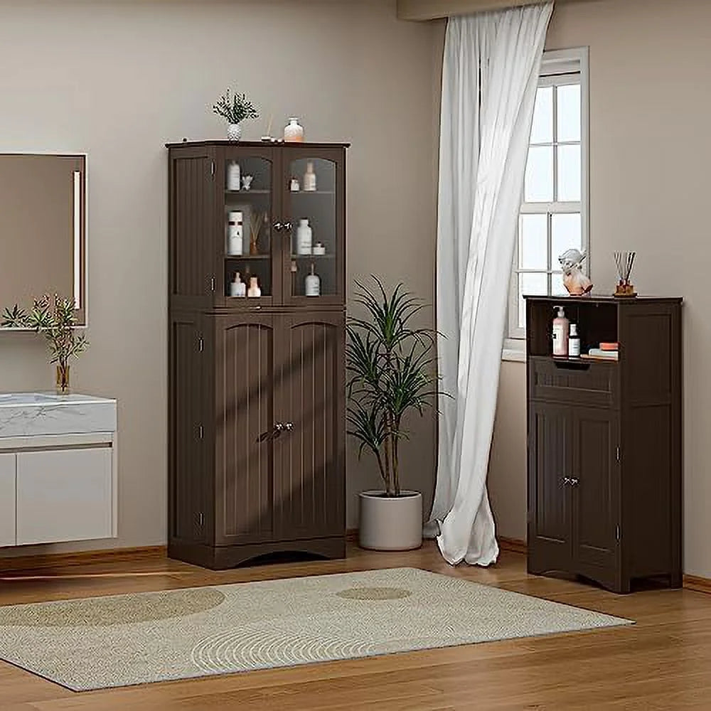 64" Kitchen Pantry Cabinet with Glass Doors and Adjustable Shelves W7576