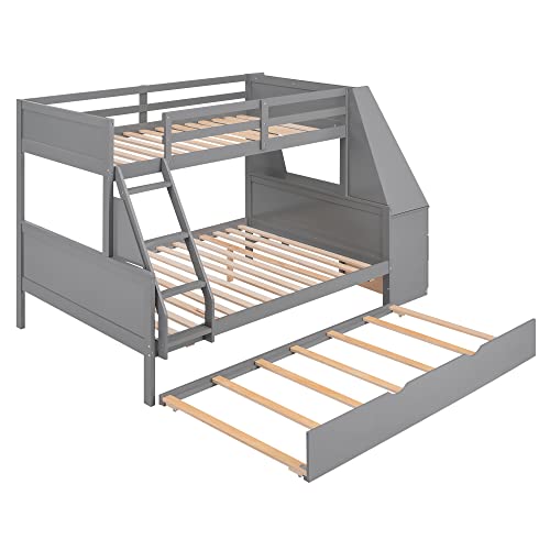 Twin Over Full Bunk Bed with Trundle and Built-in Desk, Solid Wood Bunk Bed Frame with Three Storage Drawers and Shelf, Gray C183347