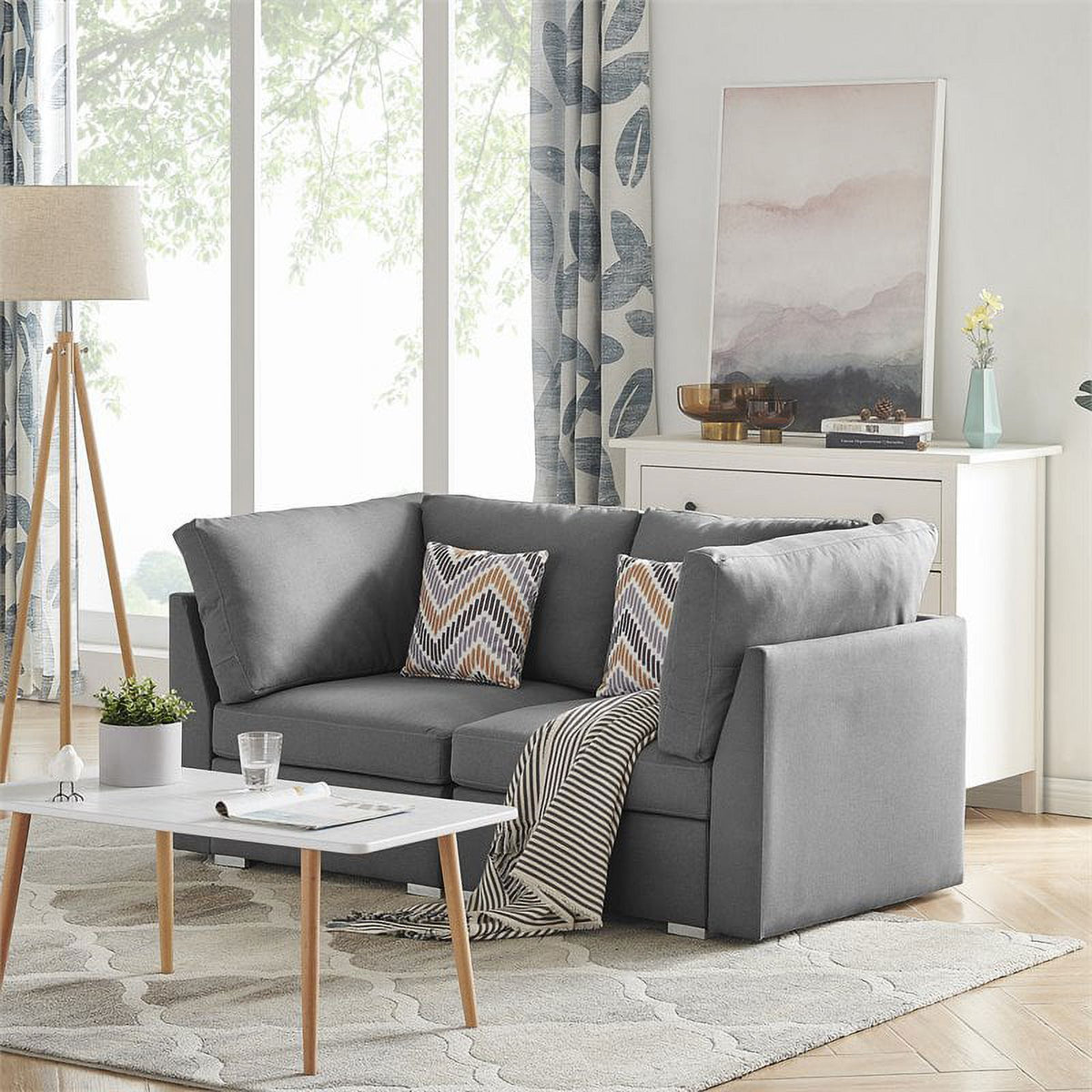 Gray Linen Fabric Loveseat Couch with Pillows T548