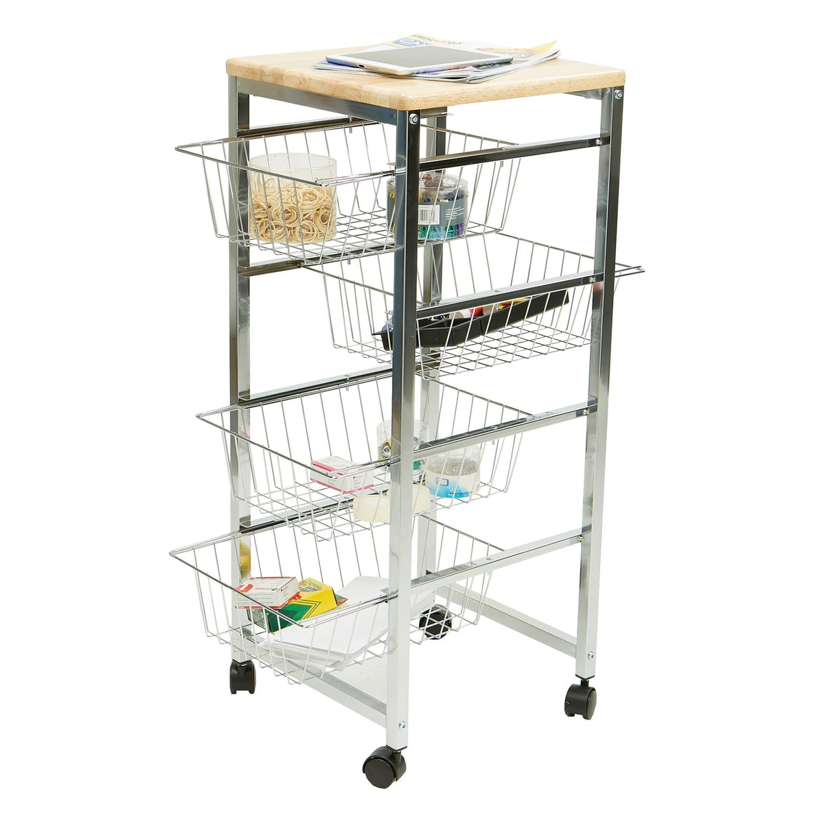 4 Tier Wire Basket Cart with Wood Surface Y218