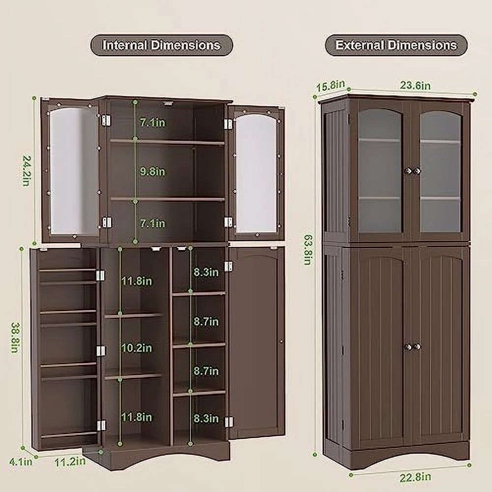 64" Kitchen Pantry Cabinet with Glass Doors and Adjustable Shelves W7576