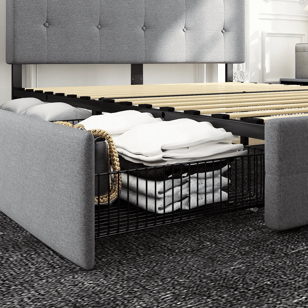 Queen Size Storage Bed Frame with 4 Drawers, Tufted Adjustable Headboard, Dark Grey T5448