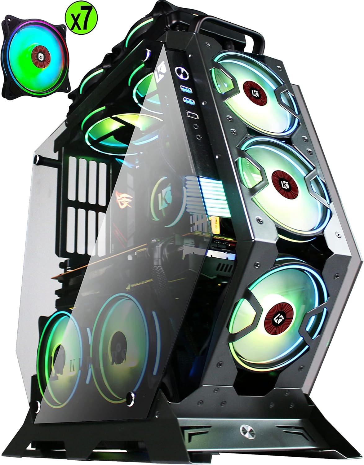 ATX Tower Tempered Glass Gaming PC Case with 7 RGB Fans H91807